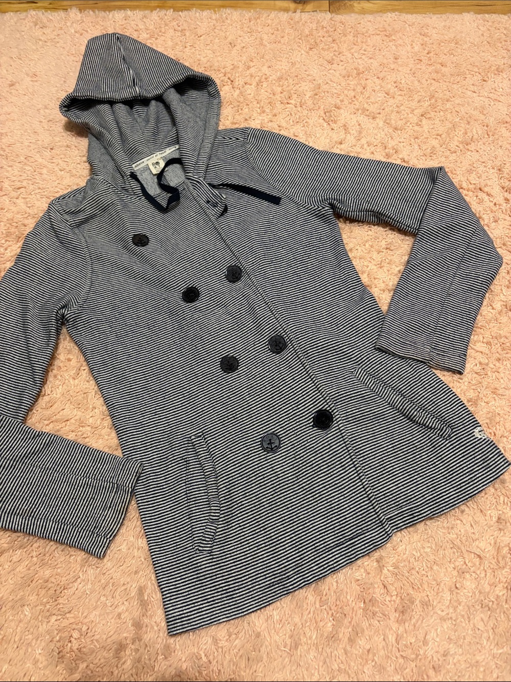 Roxy “The Cuddle” Navy White Knit Stripe Double Breasted Hooded Jaxket XL